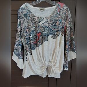 One World Live and Let Live Boho / Peasant Tie Front Top Size Large